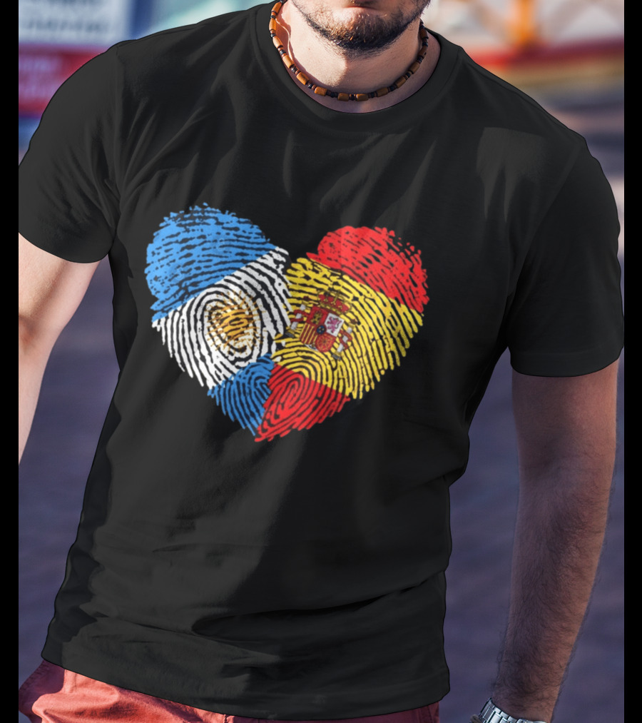 Half Spain Half Argentine Heart Fingerprints Flags Spain Argentina T-Shirt