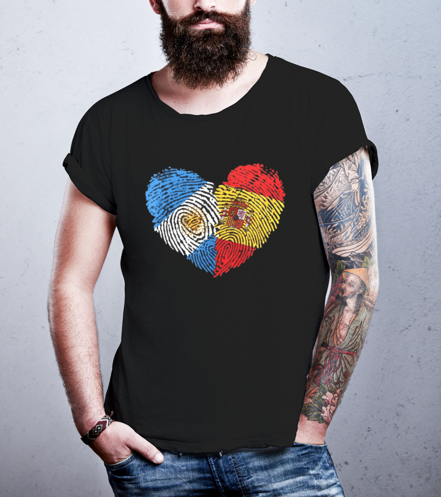 Half Spain Half Argentine Heart Fingerprints Flags Spain Argentina T-Shirt