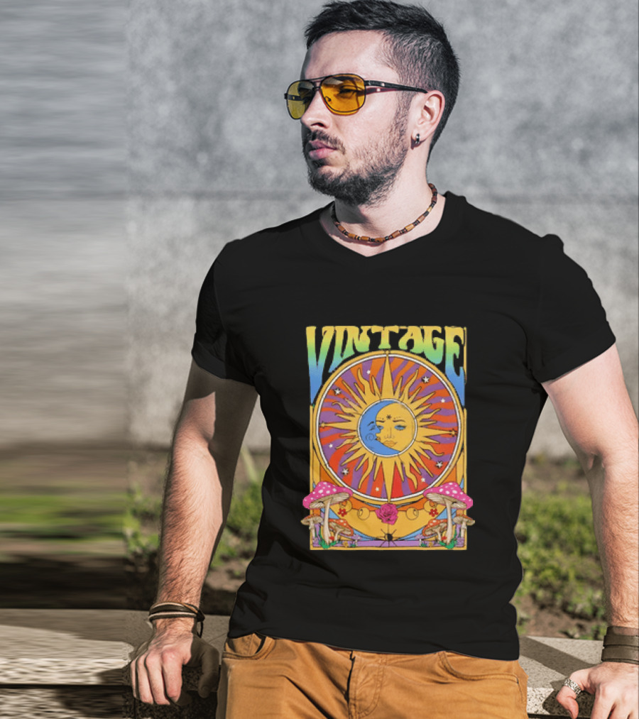 Vintage Sun Moon Celestial Psychedelic Mushrooms T-Shirt