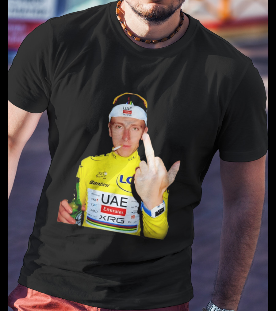 Tadej Pogačar Yellow Jersey Middle Finger Tour De France UAE Emirates LCL Santini T-Shirt