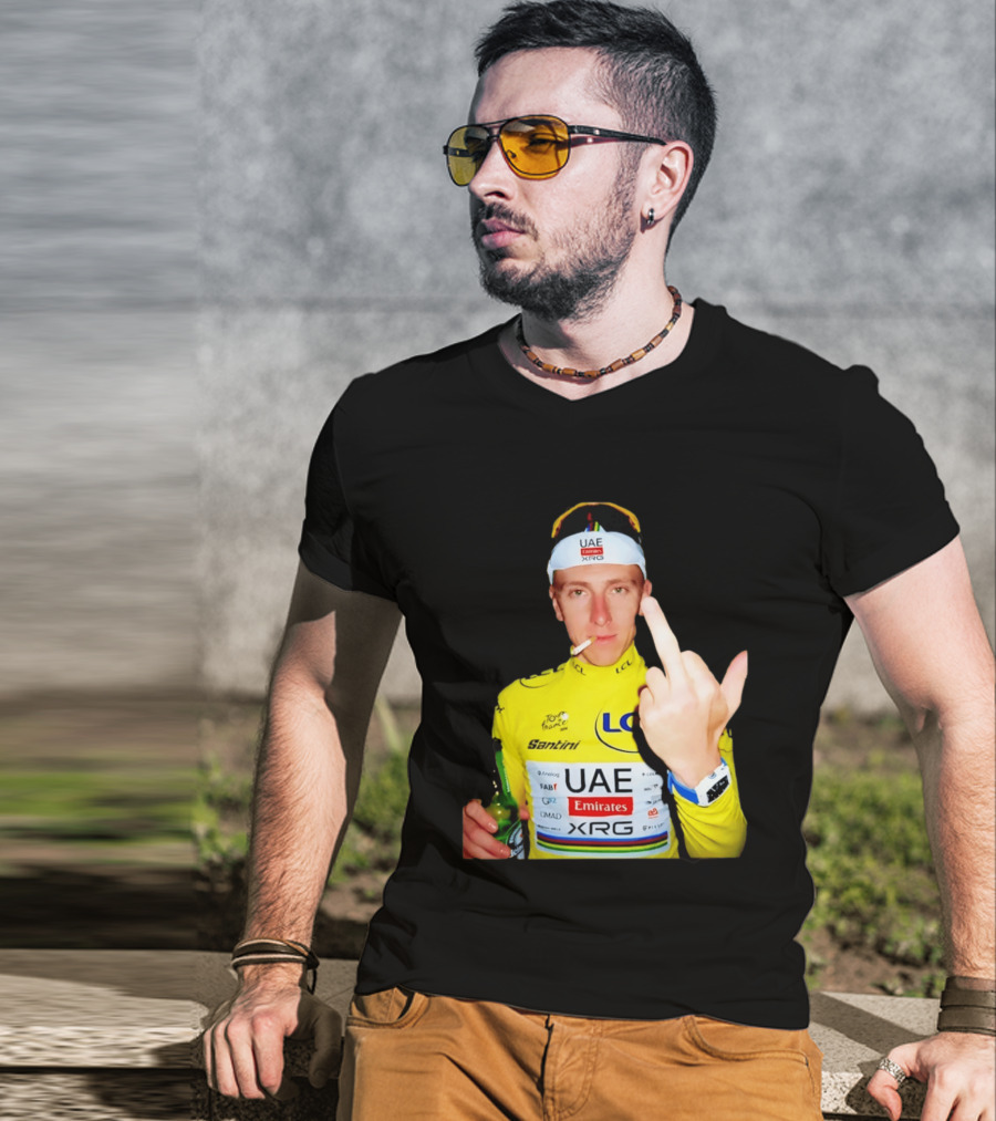Tadej Pogačar Yellow Jersey Middle Finger Tour De France UAE Emirates LCL Santini T-Shirt