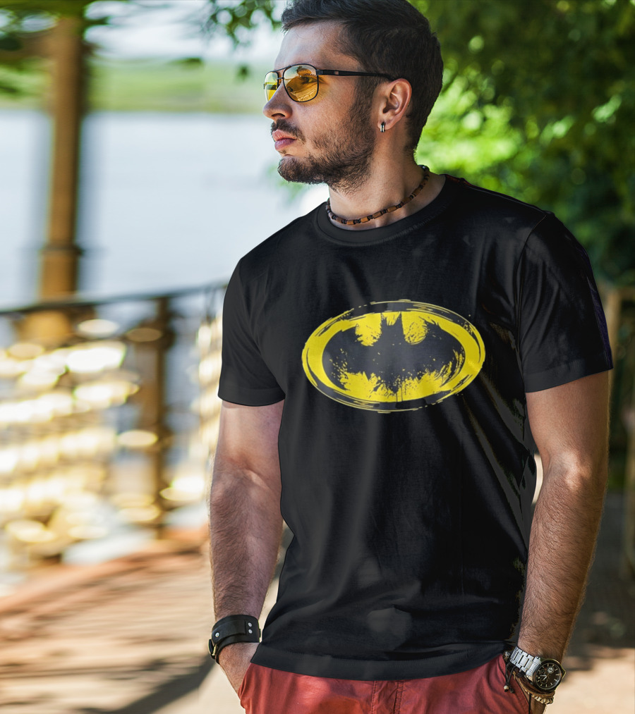 Batman Distressed Yellow Oval T-Shirt
