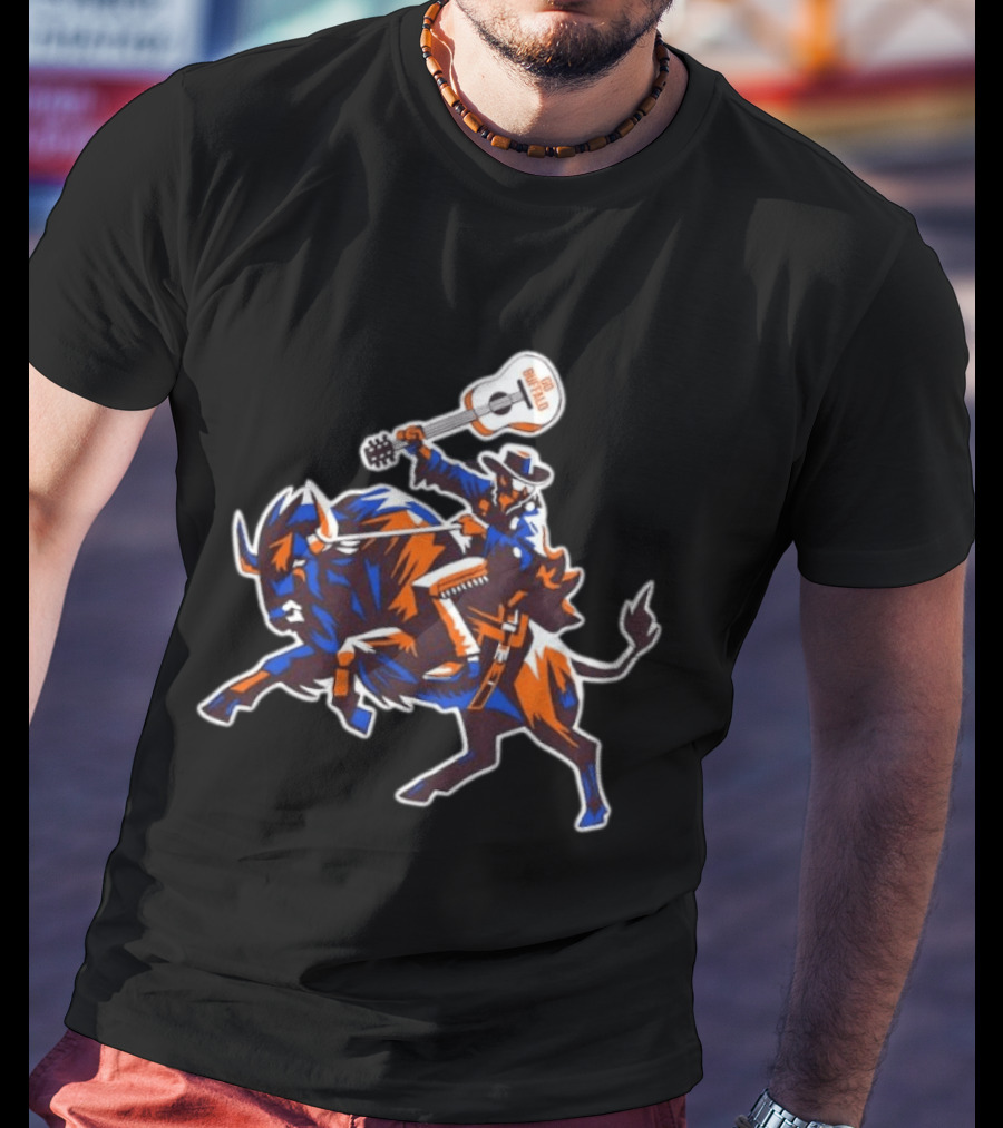 Lacrosse Go Buffalo Cowboy Riding Guitar Wielding Bull T-Shirt