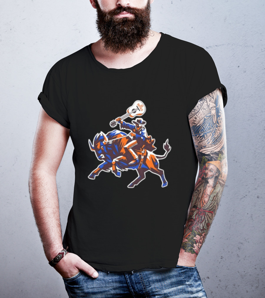 Lacrosse Go Buffalo Cowboy Riding Guitar Wielding Bull T-Shirt
