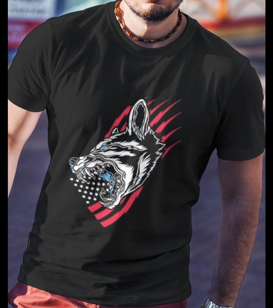 Wolf Snarling With Stars And Stripes American Flag T-Shirt