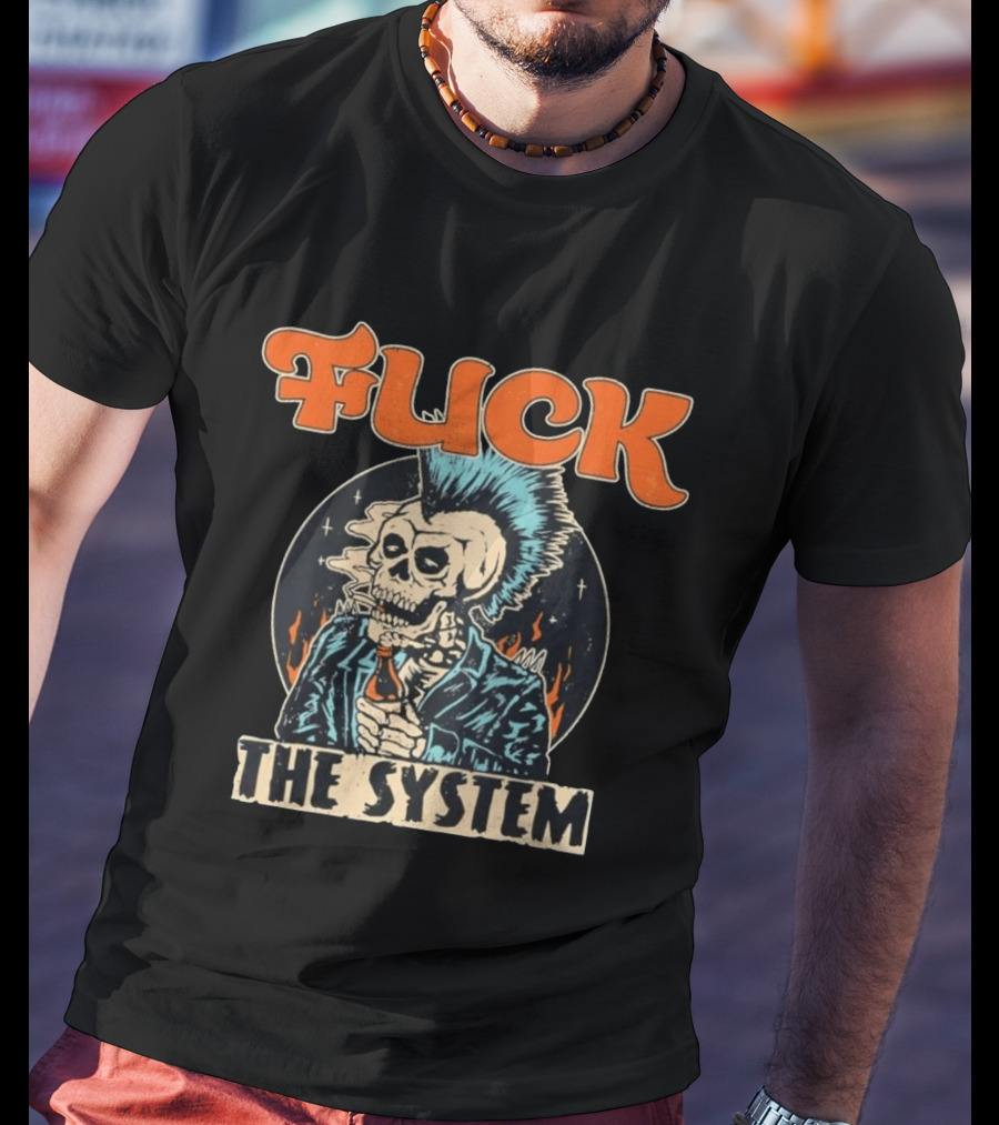 Fuck The System Punk Skeleton Smoking Beer Mohawk Jacket Spikes T-Shirt