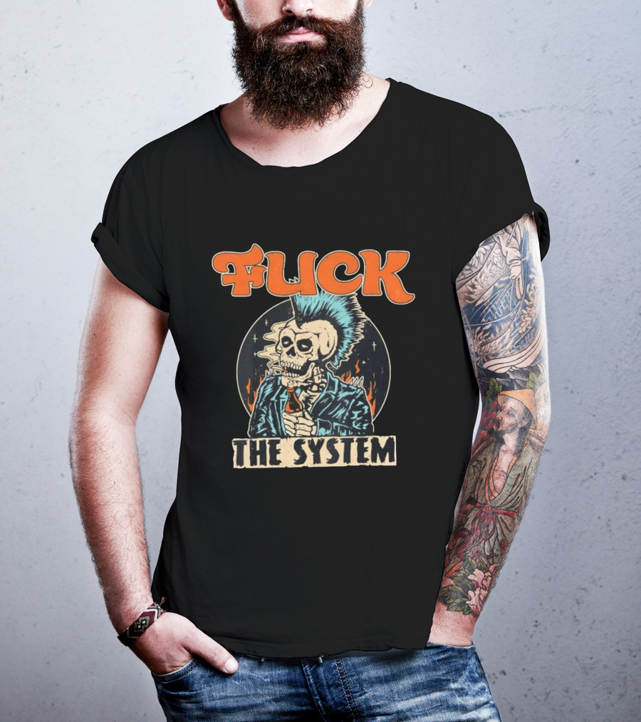 Fuck The System Punk Skeleton Smoking Beer Mohawk Jacket Spikes T-Shirt
