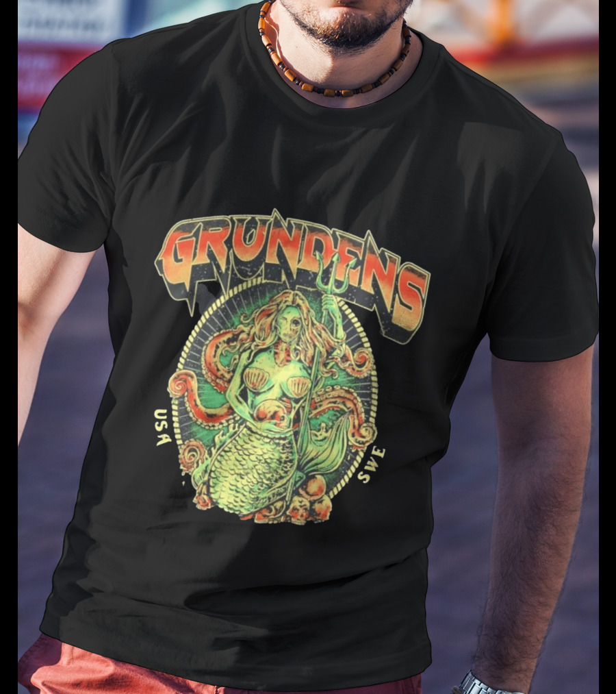 Grundens Undead Mermaid Holding Skull USA SWE Since 1926 T-Shirt