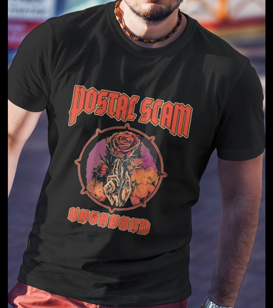 Postal Scam Vagabond Rose Skull Skeleton Hand Heavy Metal T-Shirt