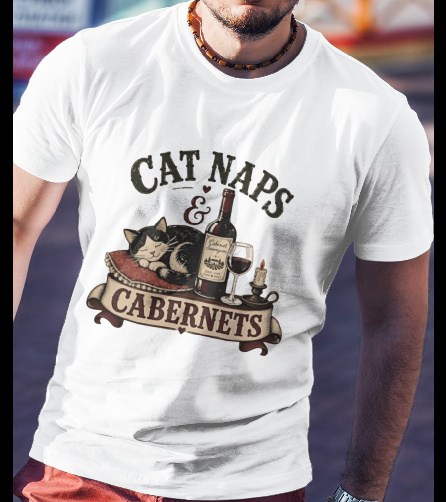 Cat Naps And Cabernet Sauvignon With Cozy Cat And Candle T-Shirt