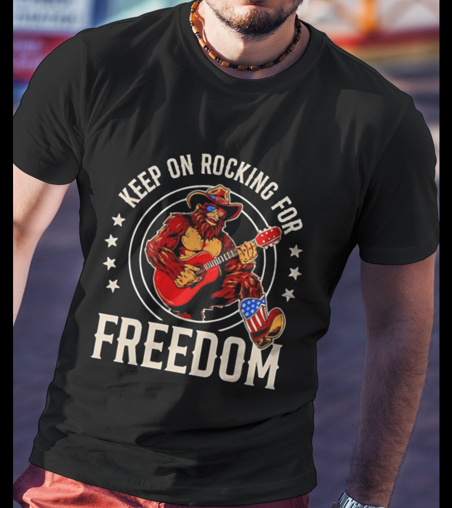 Keep On Rocking For Freedom Bigfoot Sasquatch American Flag Patriotic Guitar T-Shirt