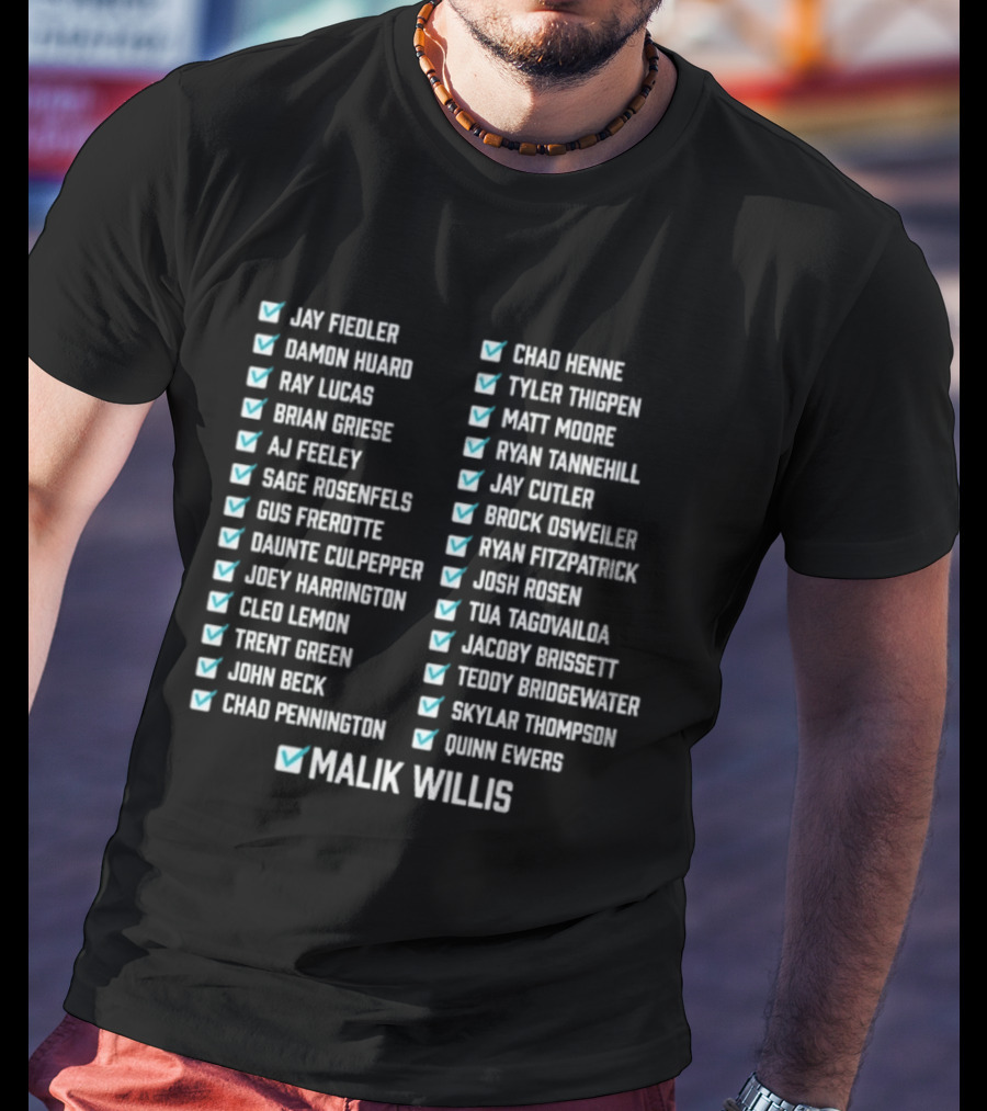Know Your History Dolphins Starting Quarterbacks Since Marino Checklisted T-Shirt
