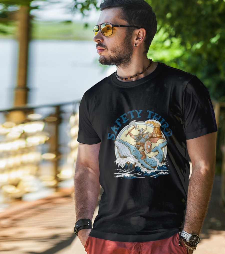 Safety Third Viking Riding A Whale With Beer And Axe T-Shirt