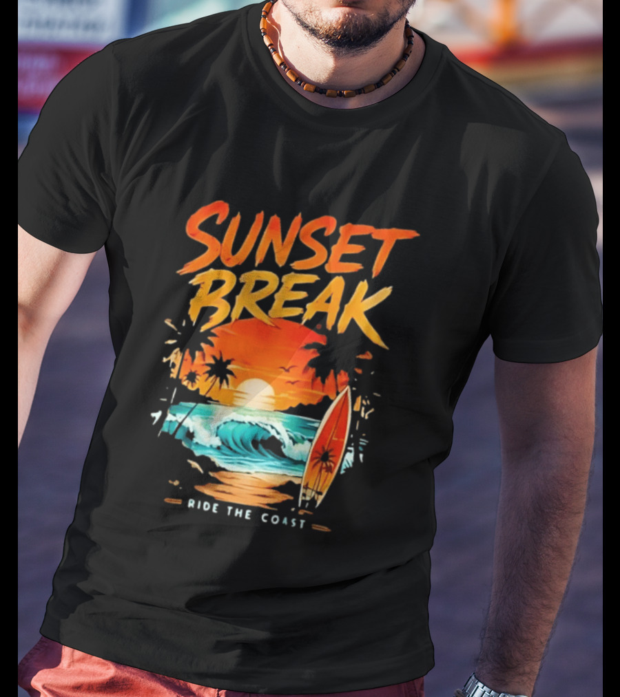 Sunset Break Surfing Ride The Coast Ocean Waves And Surfboard Scene T-Shirt