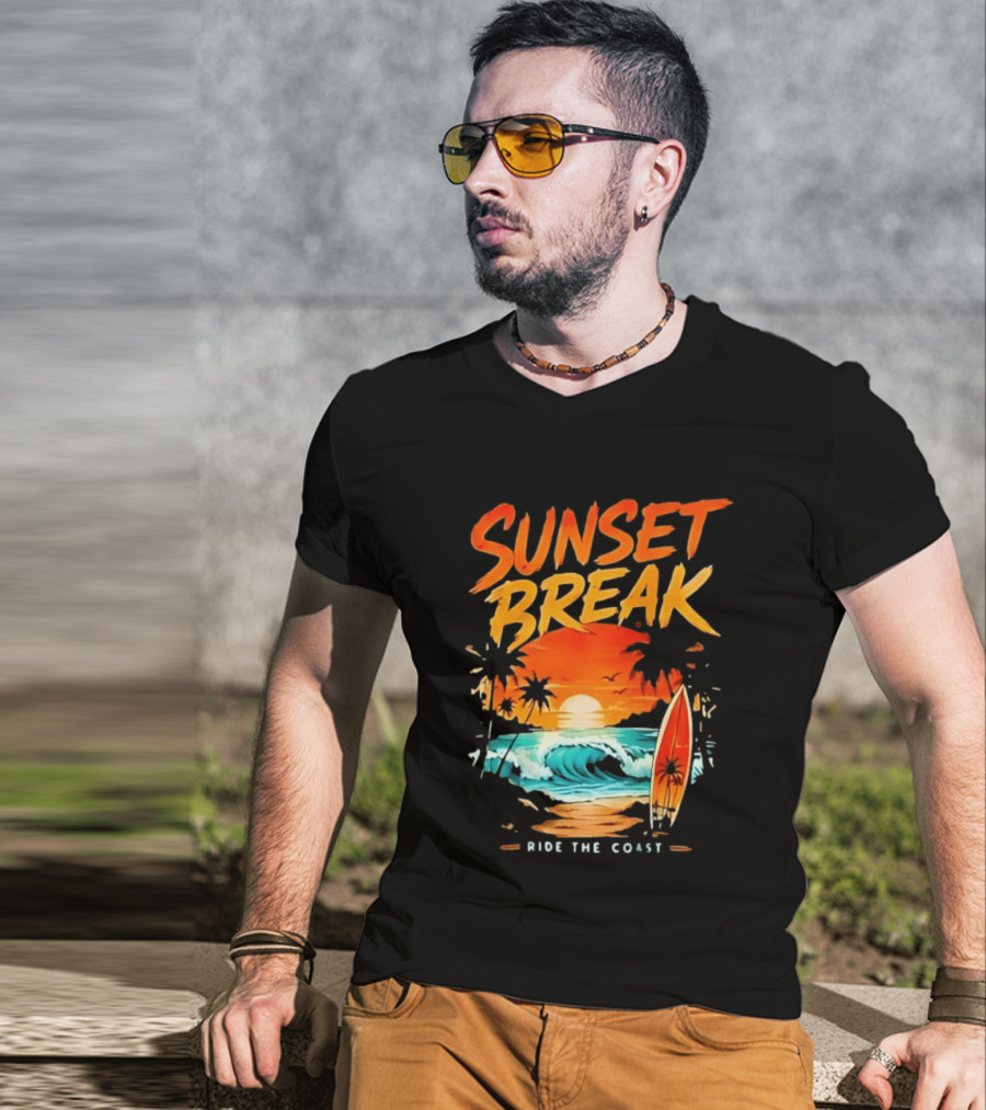 Sunset Break Surfing Ride The Coast Ocean Waves And Surfboard Scene T-Shirt