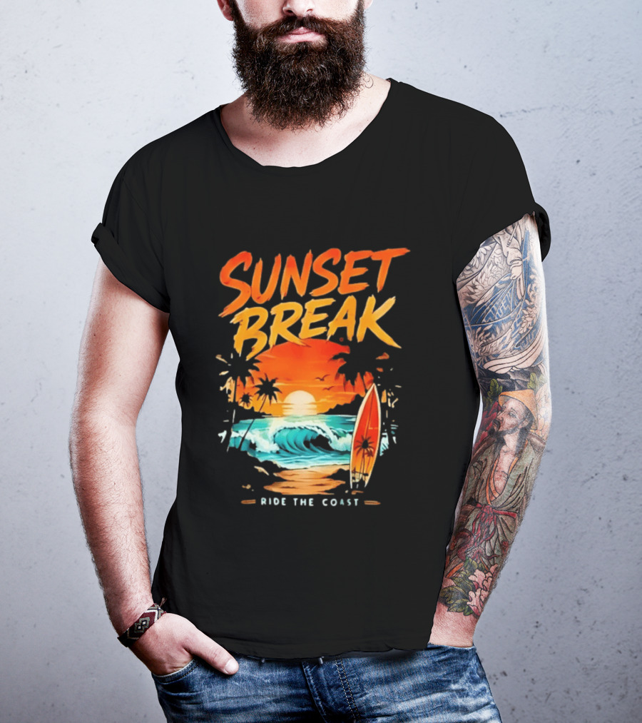 Sunset Break Surfing Ride The Coast Ocean Waves And Surfboard Scene T-Shirt