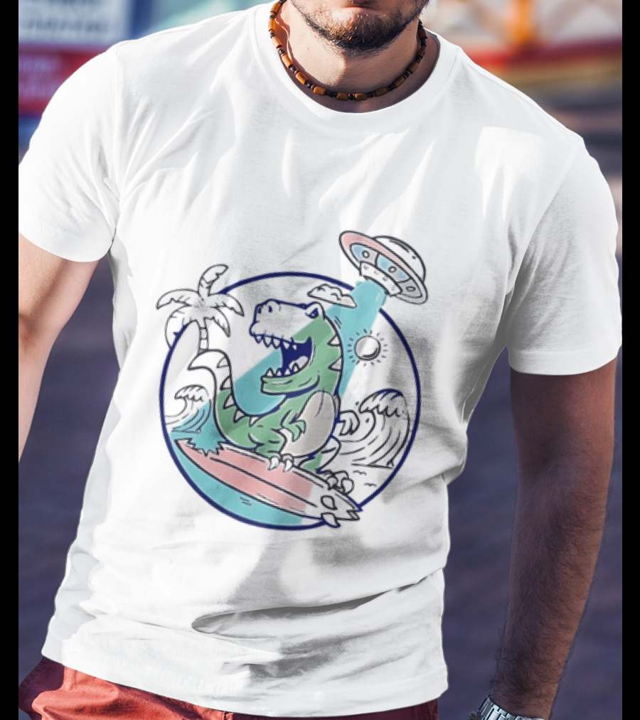 UFO Surfing Dinosaur With Palm Trees And Waves T-Shirt