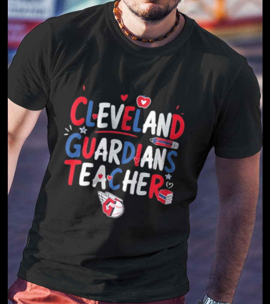 Cleveland Guardians Teacher Apple Pencil Baseball Heart Stars T-Shirt