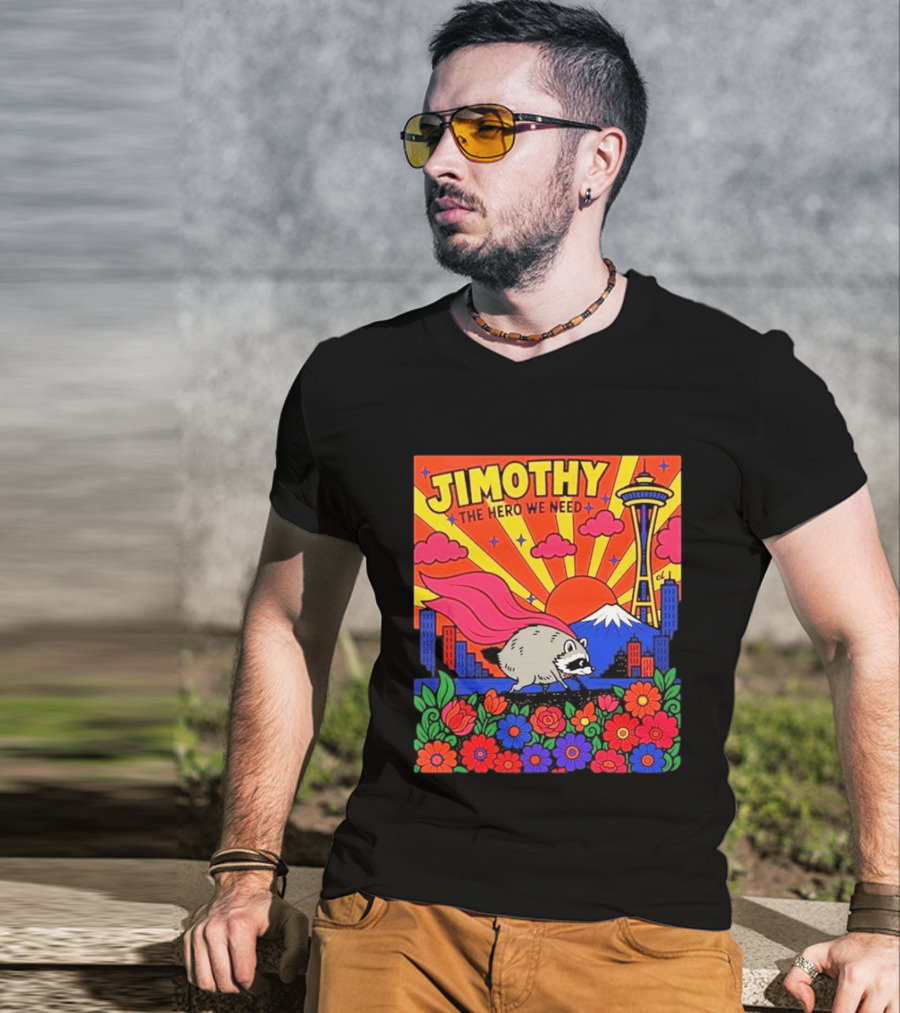 Jimothy The Hero We Need Seattle Skyline Floral Raccoon Superhero T-Shirt