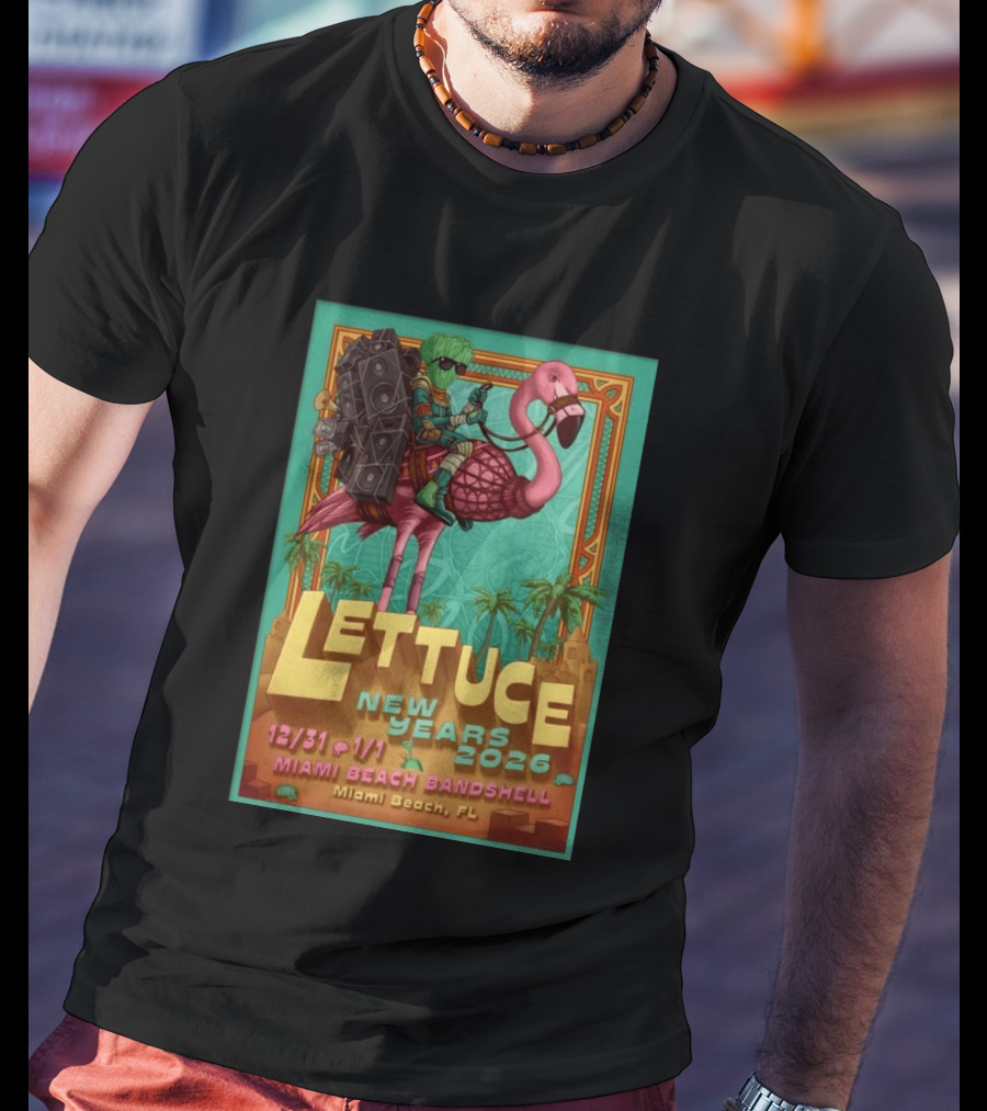 Lettuce New Years 2026 Miami Beach Bandshell Miami Beach FL With Sunglasses Flamingo And Speakers T-Shirt