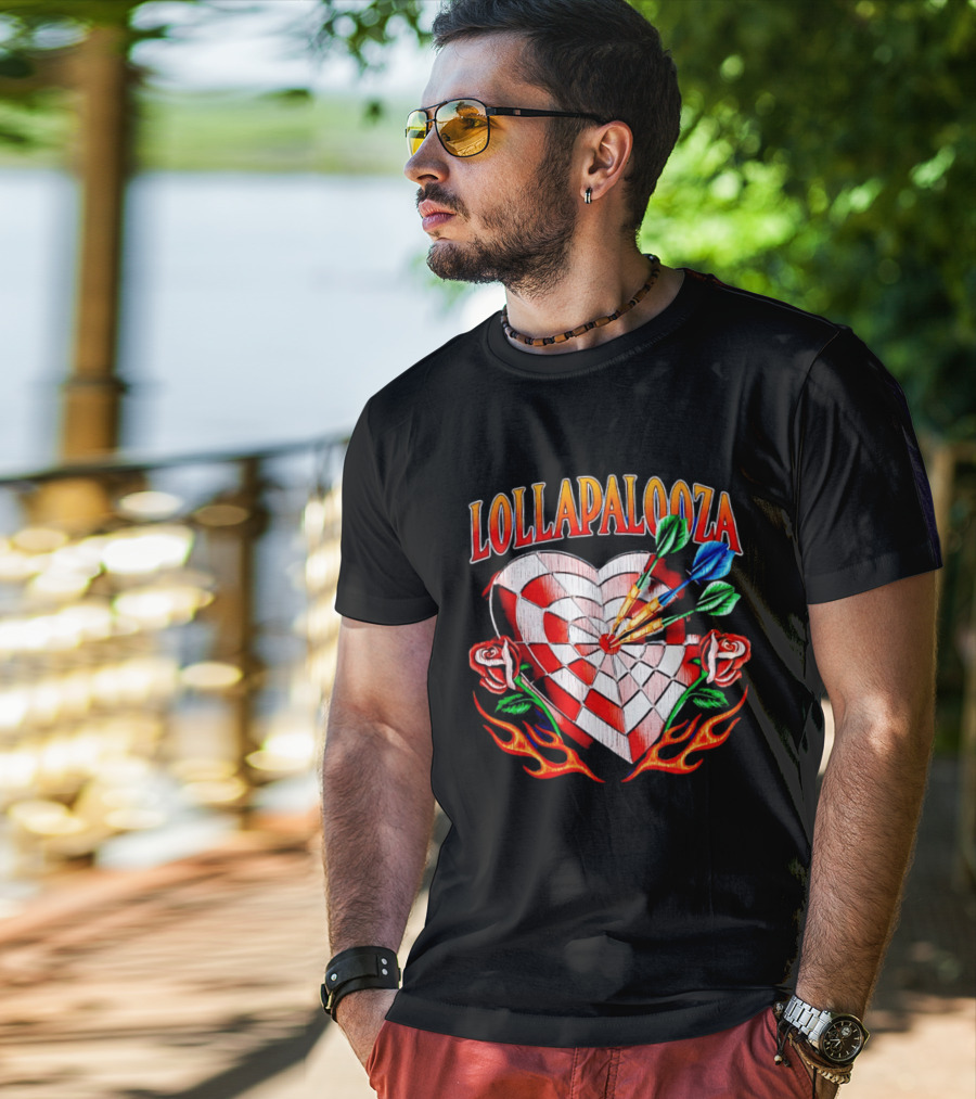 Lollapalooza Heart Dartboard With Roses And Flames T-Shirt