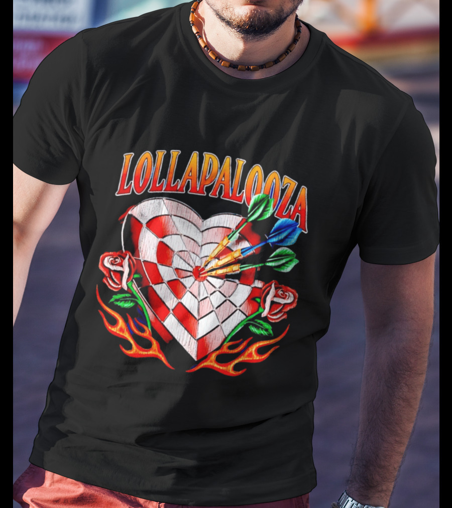 Lollapalooza Heart Dartboard With Roses And Flames T-Shirt