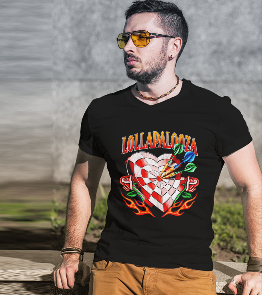 Lollapalooza Heart Dartboard With Roses And Flames T-Shirt
