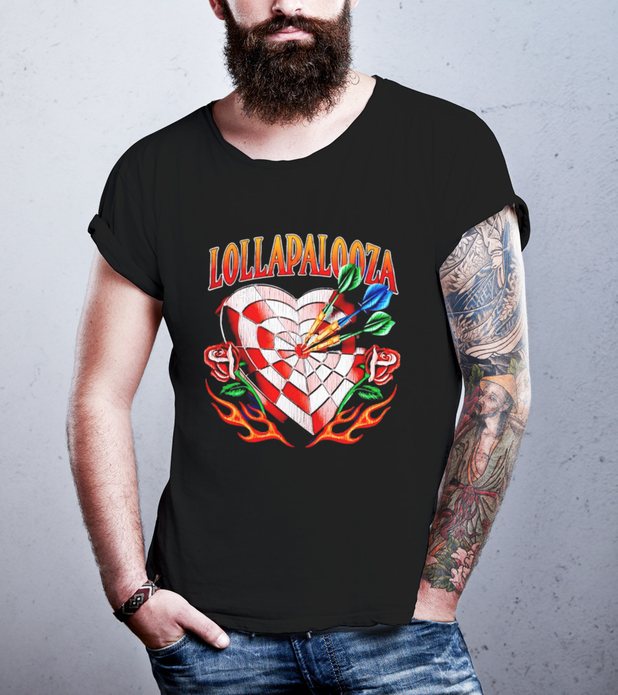 Lollapalooza Heart Dartboard With Roses And Flames T-Shirt