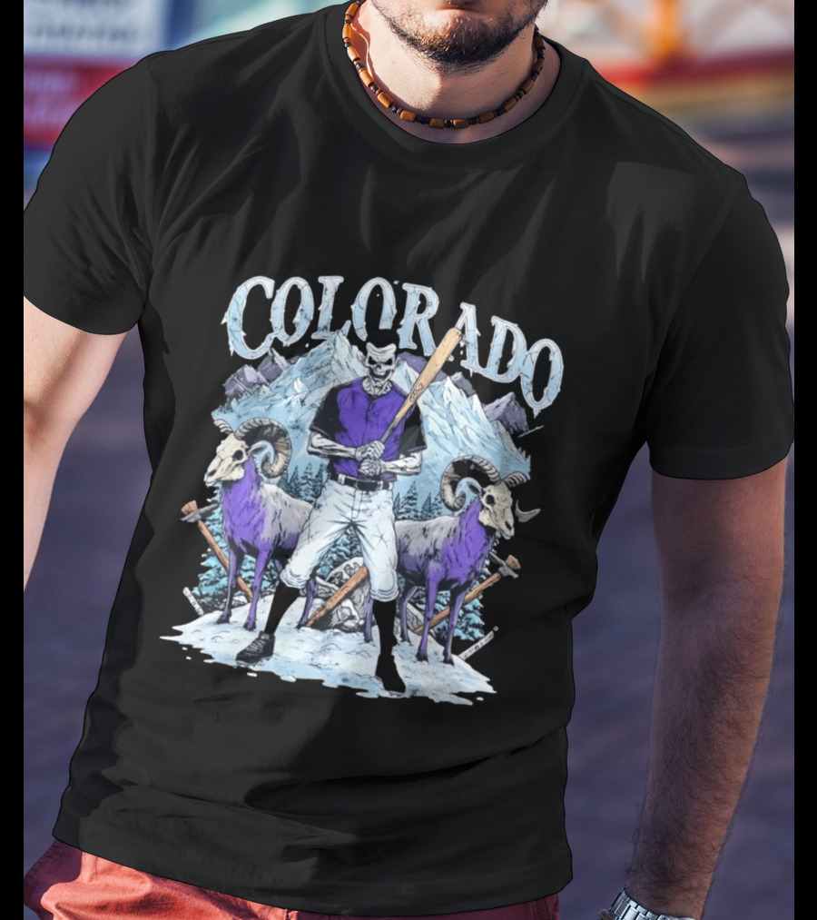 Colorado Skeleton Batter Mountain Ram Scene T-Shirt