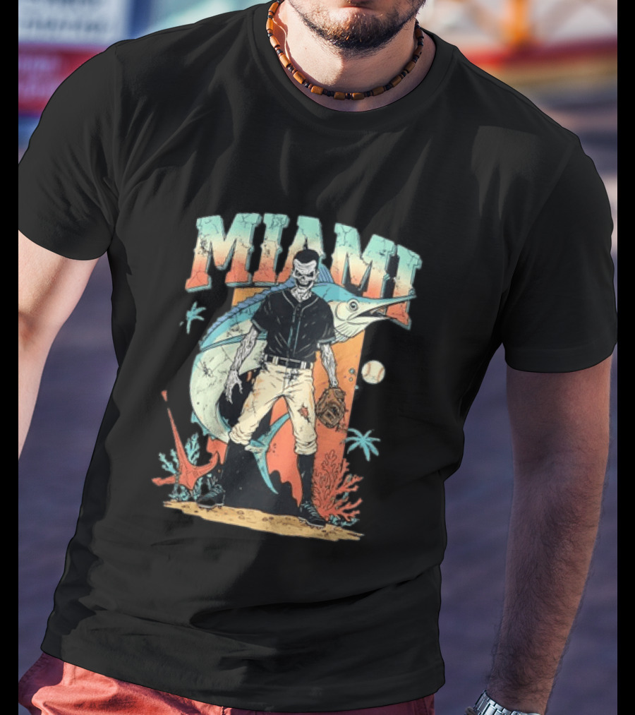 Miami Marlins Skeleton Baseball Player With Marlin And Tropical Vibes T-Shirt
