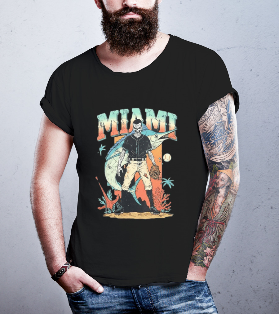 Miami Marlins Skeleton Baseball Player With Marlin And Tropical Vibes T-Shirt