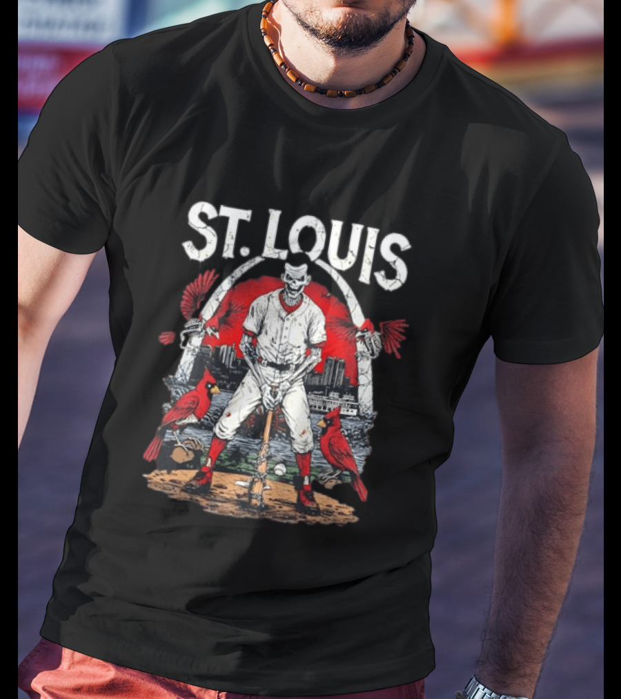 St. Louis Baseball Skeleton With Cardinals And Arch T-Shirt