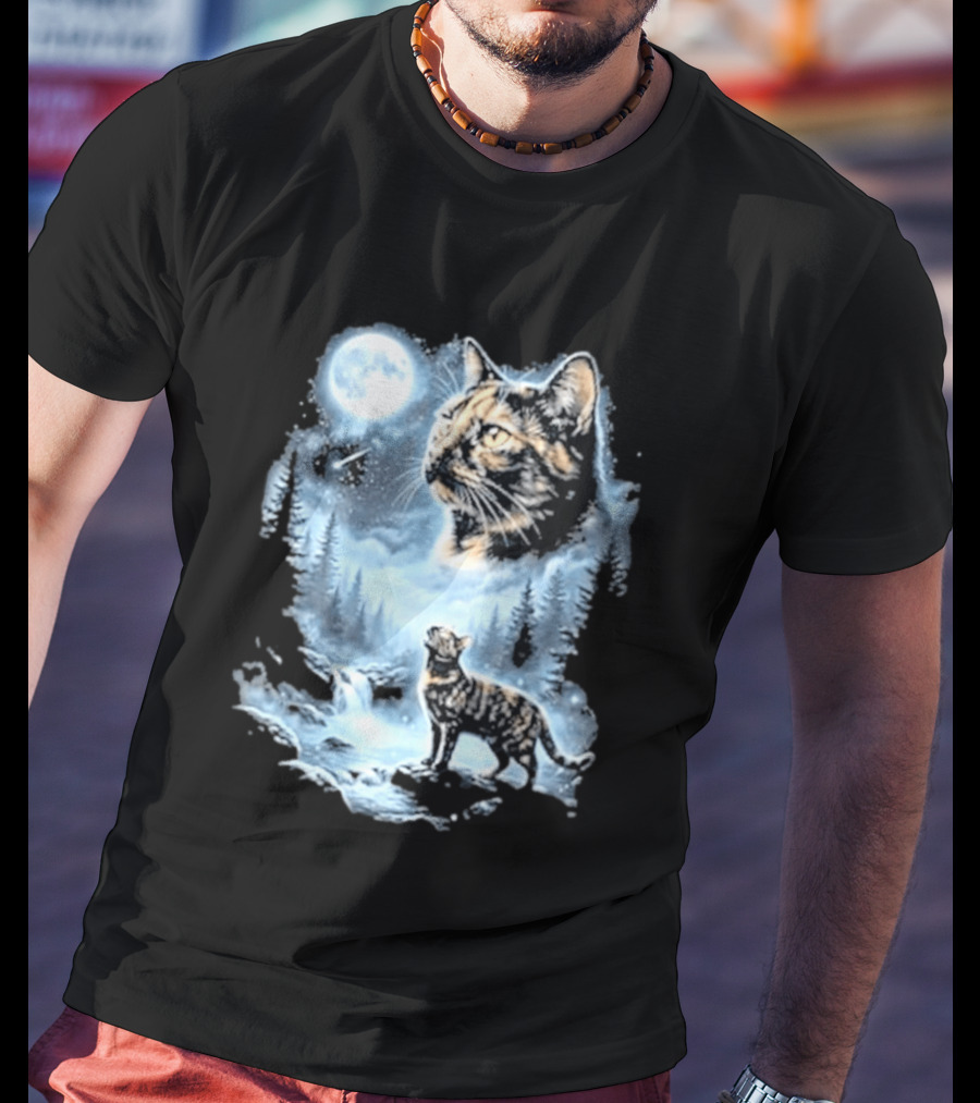 Tabby Cat Howling To The Moon Halloween Forest Scene T-Shirt
