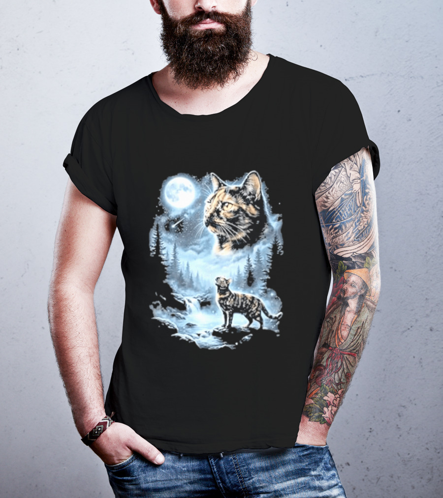 Tabby Cat Howling To The Moon Halloween Forest Scene T-Shirt