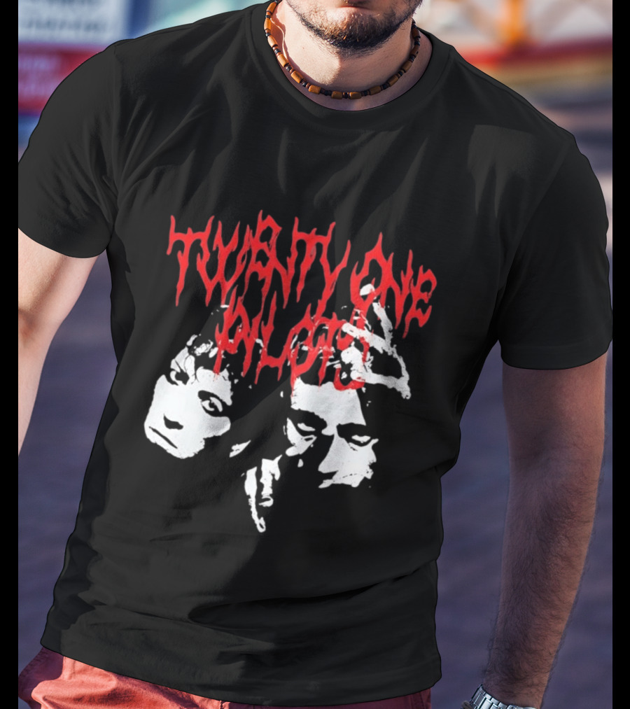 Twenty One Pilots Red Text Band Members Faces Dark Metal T-Shirt