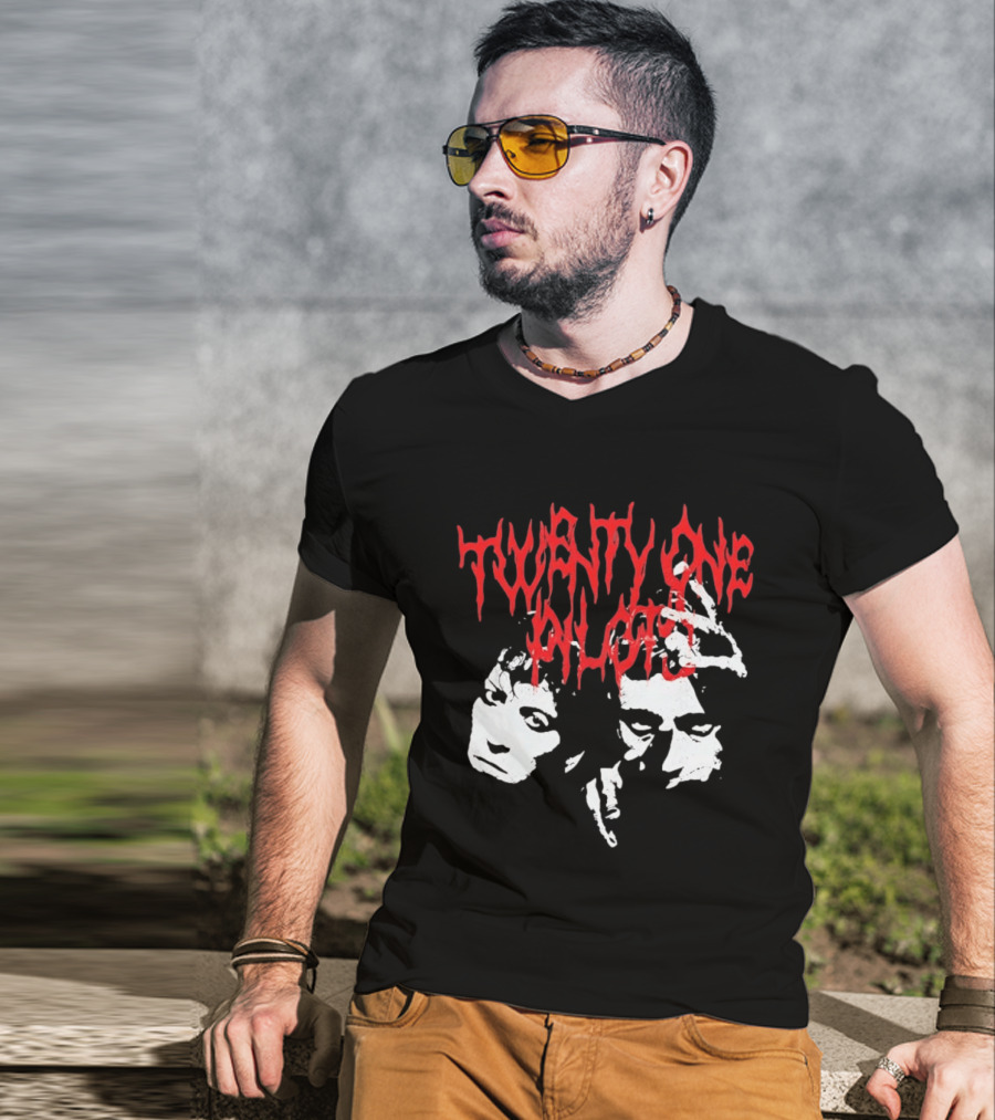 Twenty One Pilots Red Text Band Members Faces Dark Metal T-Shirt