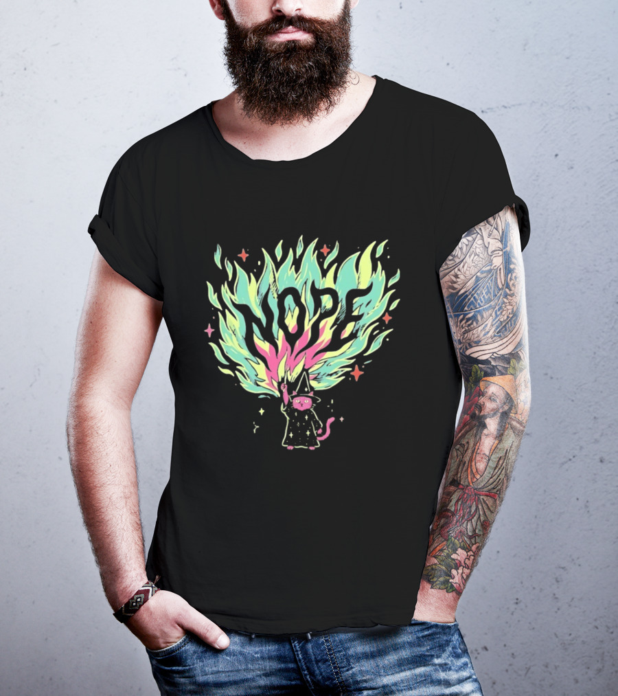 NOPE Wizard Cat Fire Magic Spell Casting Mystical Fantasy Kitten T-Shirt