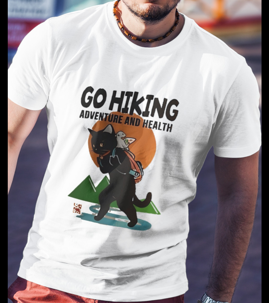 Go Hiking Adventure And Health Black Cat With Backpack And Bird T-Shirt