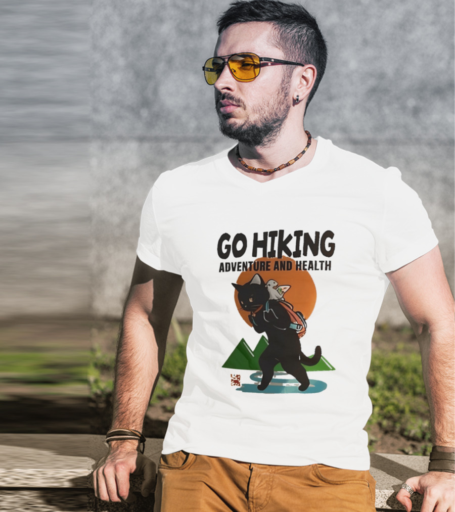 Go Hiking Adventure And Health Black Cat With Backpack And Bird T-Shirt