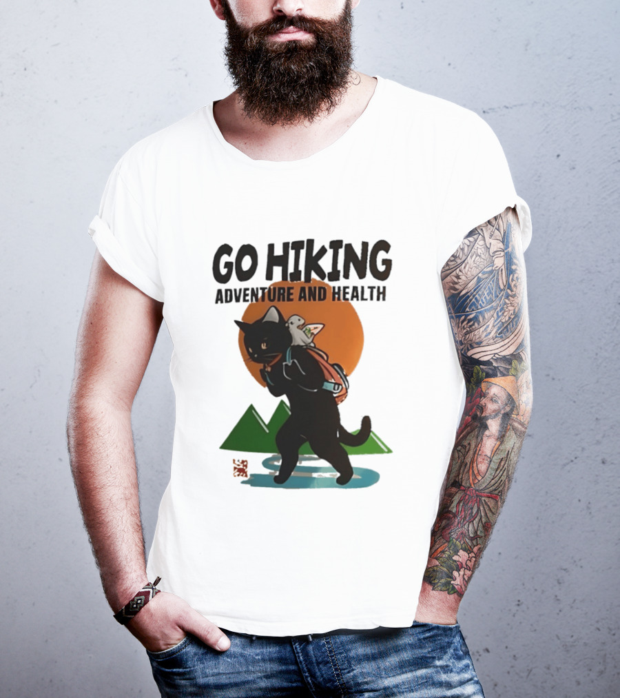 Go Hiking Adventure And Health Black Cat With Backpack And Bird T-Shirt