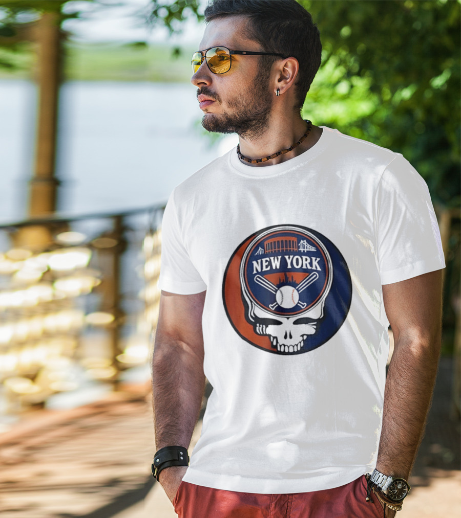 New York Mets Grateful Dead Skull Baseball Orange Blue Stadium T-Shirt