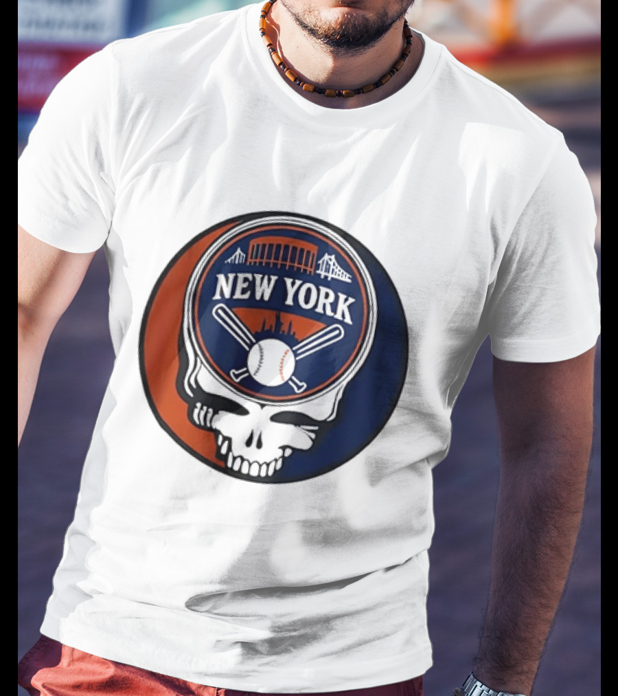 New York Mets Grateful Dead Skull Baseball Orange Blue Stadium T-Shirt