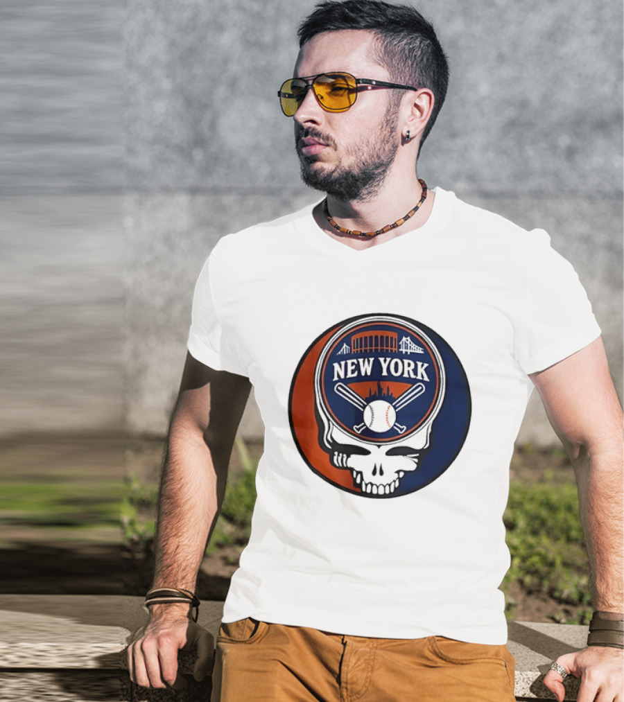 New York Mets Grateful Dead Skull Baseball Orange Blue Stadium T-Shirt