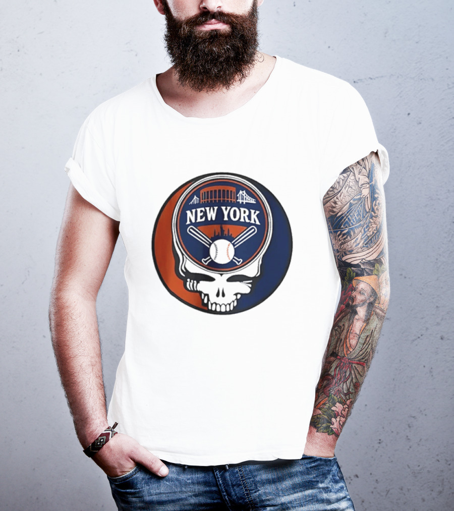 New York Mets Grateful Dead Skull Baseball Orange Blue Stadium T-Shirt