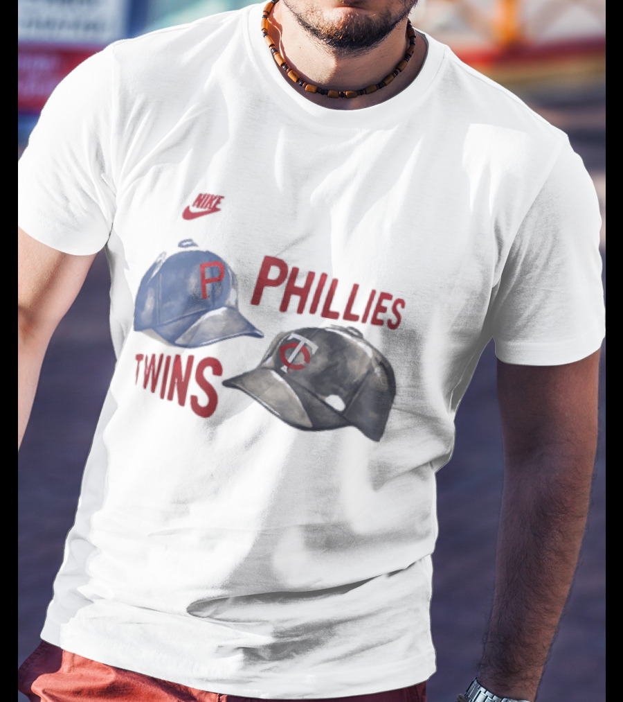 Philadelphia Phillies P Baseball Cap And Minnesota Twins TC Hat Iconic Collaboration With Retro Nike Swoosh T-Shirt