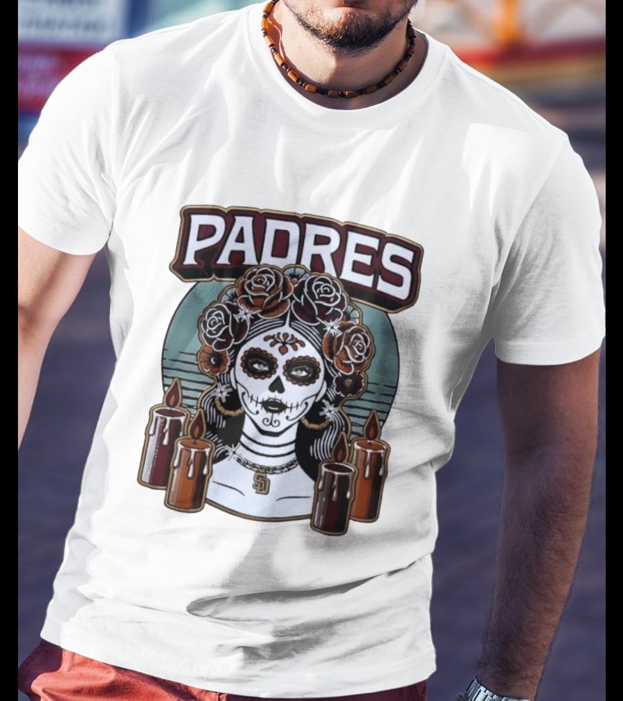 Padres Sugar Skull Woman With SD Pendant And Candles T-Shirt