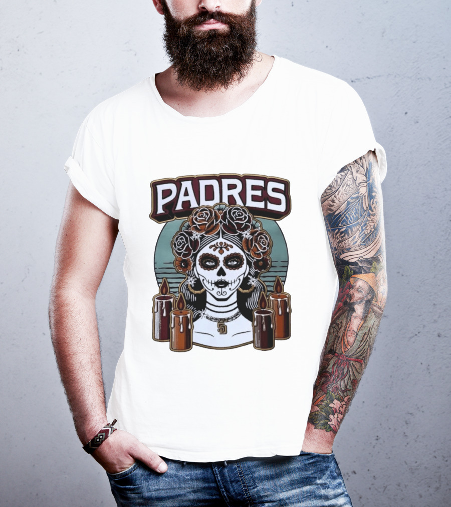 Padres Sugar Skull Woman With SD Pendant And Candles T-Shirt