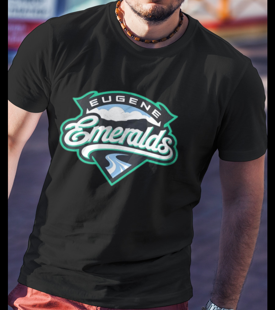 Eugene Emeralds Baseball Team Green Crest With Mountains And River Motif T-Shirt