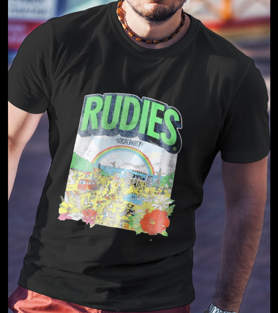 Rudie's 35th Anniversary Local Party Featuring 10 Feet G Freak Factory Dustboz Colorful Celebration With Rainbow And Flowers T-Shirt