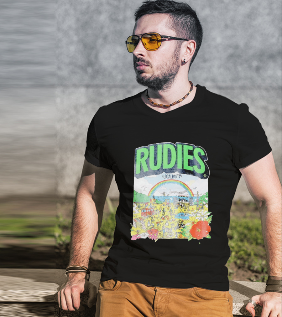 Rudie's 35th Anniversary Local Party Featuring 10 Feet G Freak Factory Dustboz Colorful Celebration With Rainbow And Flowers T-Shirt